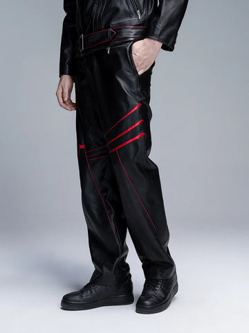 Contrast-colored diagonal striped leather pants